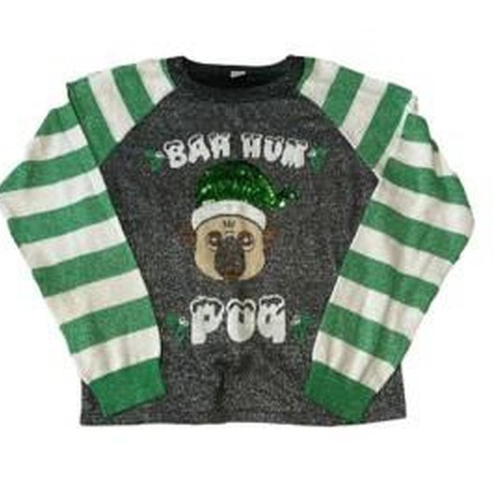 Bah Hum Pug sparkly metallic Christmas ugly sweater